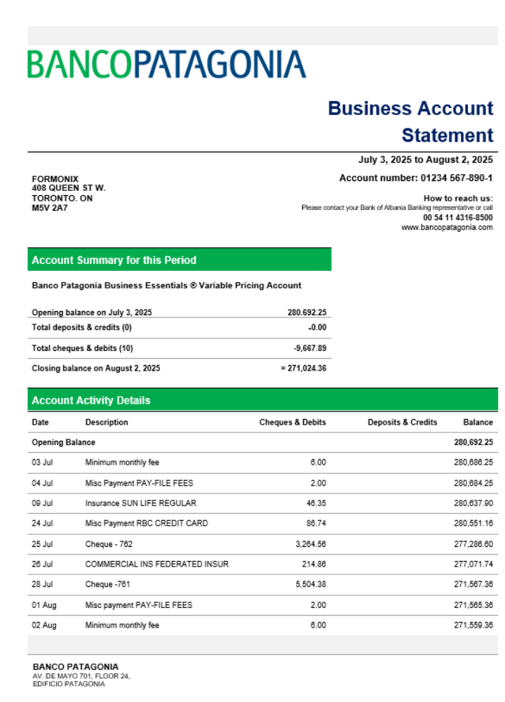 Relevé bancaire professionnel de Banco Patagonia Format Word et PDF